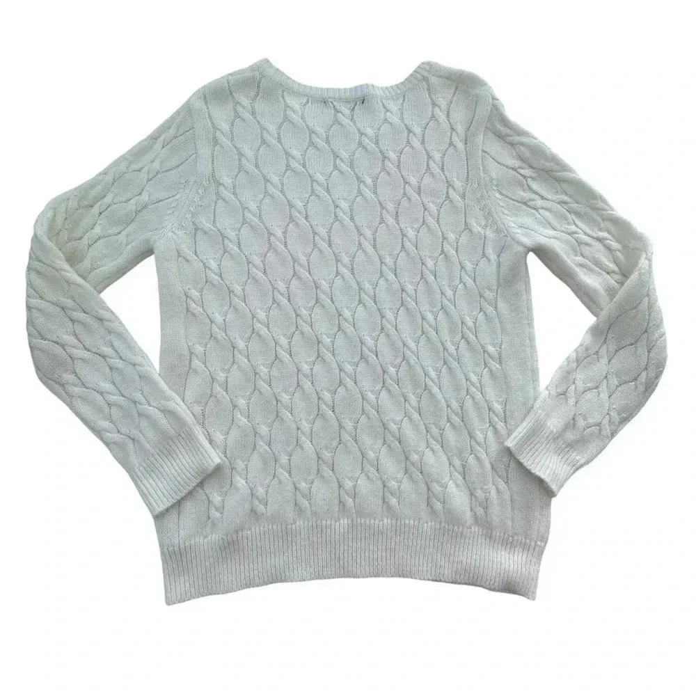 Women Pullover Sweater large L White Cream Rabbit Hair-Wool Cable Knit - Picture 2 of 7